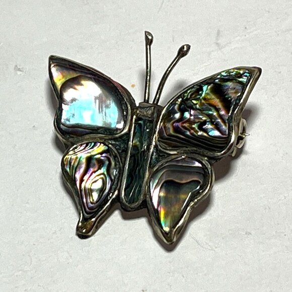 Vintage Abalone Butterfly Brooch Pin Silver Tone Handmade Mexico Marked - Picture 4 of 7